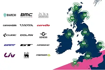 Cycling brand logos for Bianchi, BMC Switzerland, Brompton, Cannondale, Canyon, Cervélo, Cube,
                Dolan, Genesis, Giant, GT, Haibike, Liv, Marin, and Merida, next to a graphic map showing participating
                cycling retailers in locations throughout mainland UK and Northern Ireland.