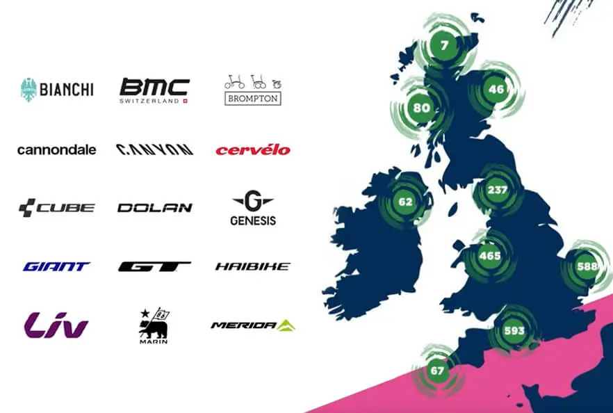 Cycling brand logos for Bianchi, BMC Switzerland, Brompton, Cannondale, Canyon, Cervélo, Cube,
                Dolan, Genesis, Giant, GT, Haibike, Liv, Marin, and Merida, next to a graphic map showing participating
                cycling retailers in locations throughout mainland UK and Northern Ireland.
