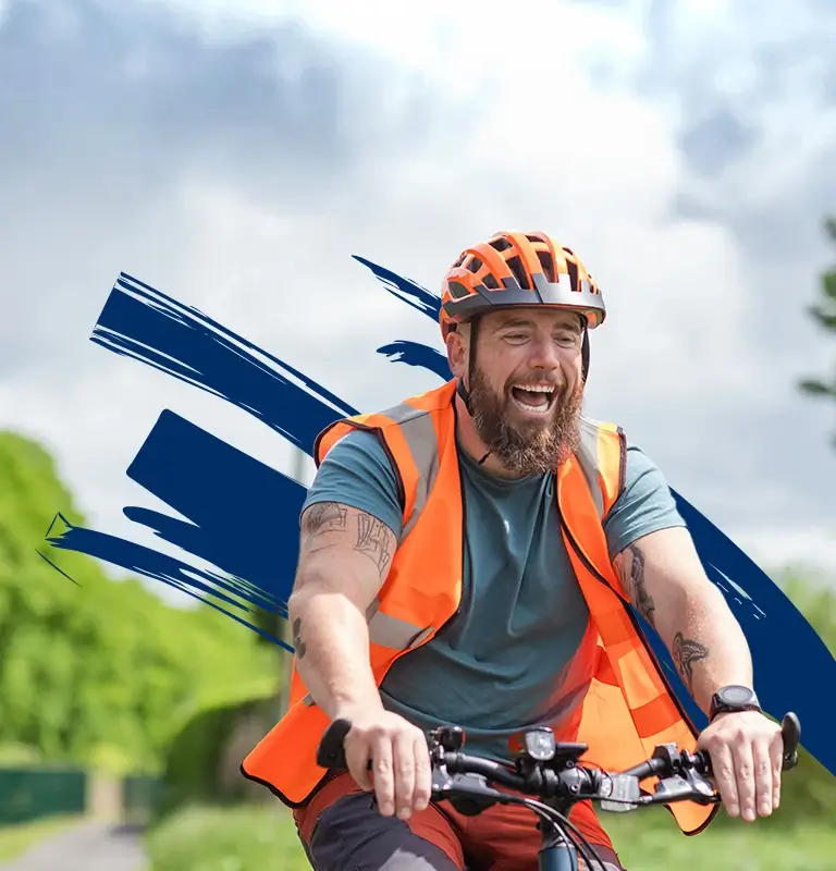 Person cycling to work with a bike and accessories